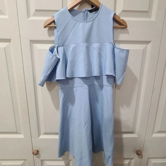 Zara Women's Cold Shoulder Ruffle Skater Mini Dress‎ Fit and Flare Blue Small - Picture 6 of 12